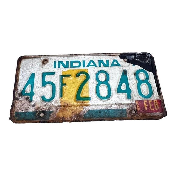 Vintage Indiana License Plate Original Tag Rustic  White Red # 45F 2848 Man Cave - Picture 1 of 3